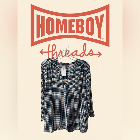 NYDJ Blue and Tan Geometric Blouse - Picture 1 of 8